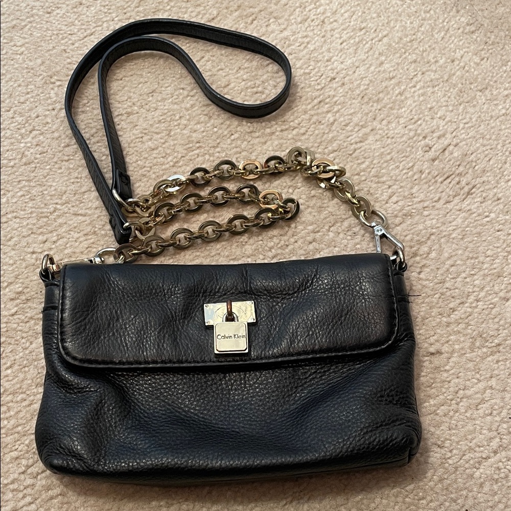 Calvin Klein Black Leather Crossbody Bag with Gold Chain